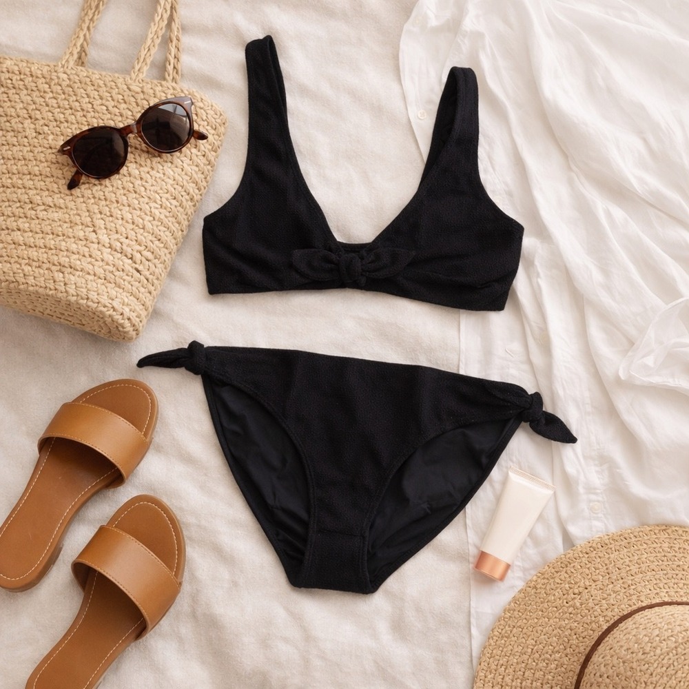 & Other Stories Black Seersucker Side Tie Bikini Bottoms NEW US 12 Euro Summer